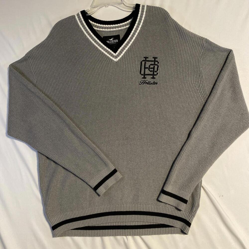 Hollister V-Neck Sweater Long Sleeve Men’s XL Oversized Black White Gray